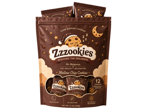 Zzzookies Mellow Chip Cookies 12-pack bag, shown on a transparent background with individually wrapped cookies visible in front