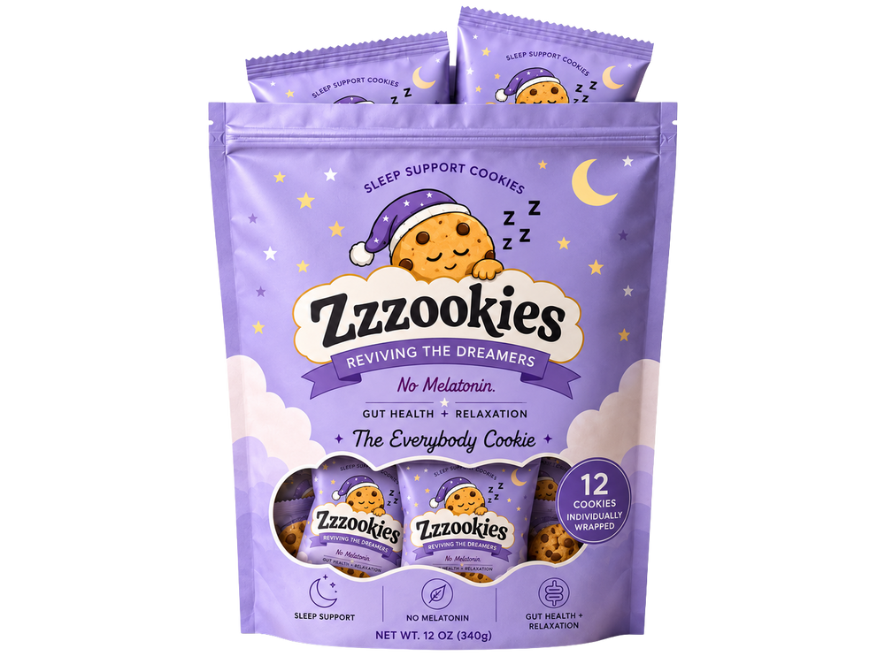 Zzzookies Snackable - The Everybody Cookie bag, shown on a transparent background with individually wrapped cookies visible in front