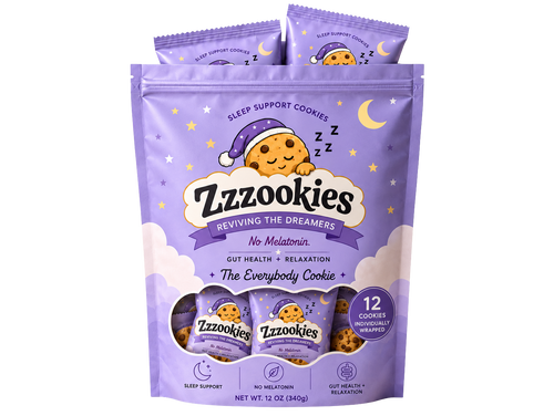 Zzzookies Snackable - The Everybody Cookie bag, shown on a transparent background with individually wrapped cookies visible in front